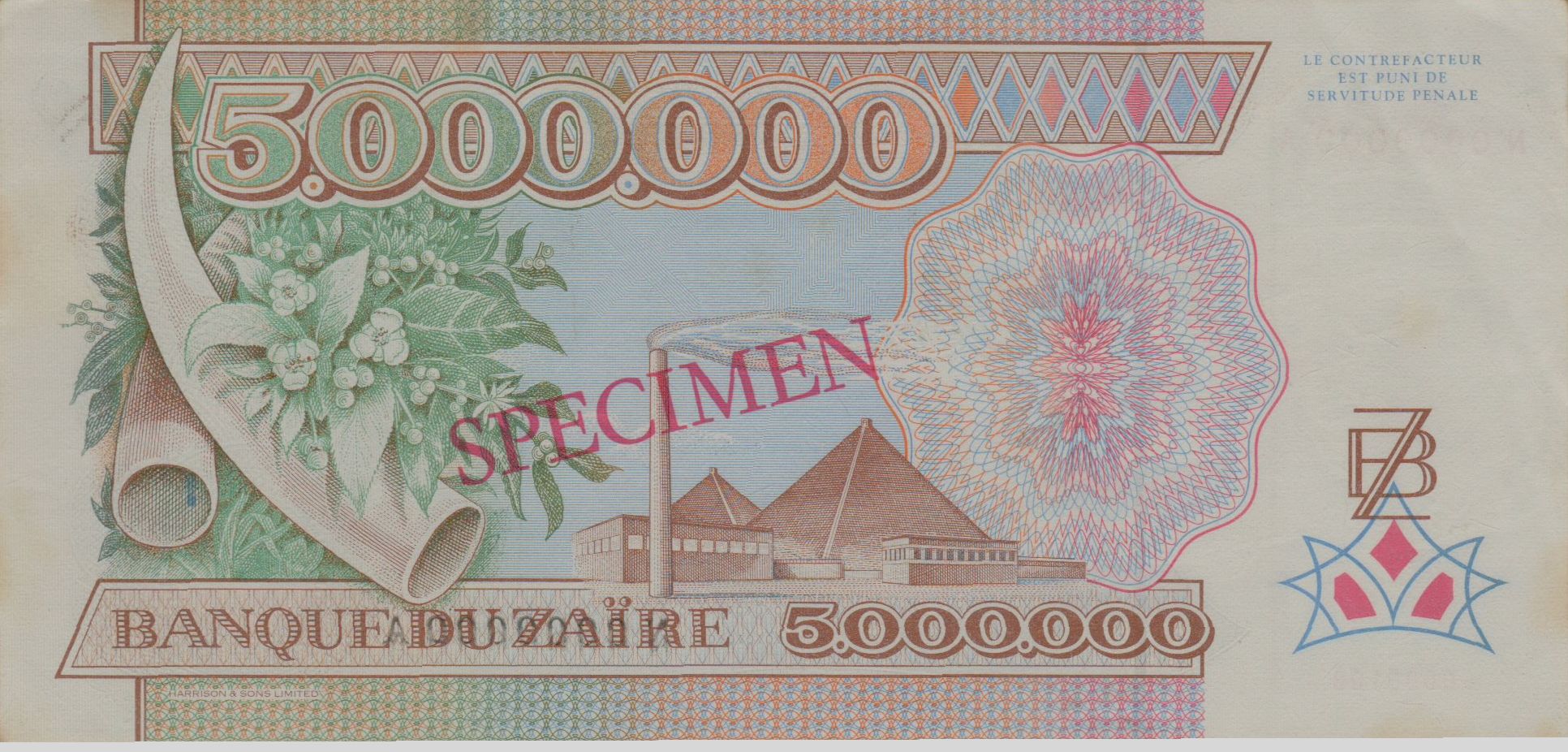 Zaire 5000000 1992 aUNC P-46/s [Specimen & Serial#000100]